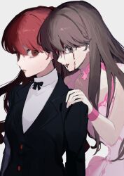 Rule 34 | 1girl, blood, empty eyes, haunting, highres, long hair, long sleeves, open mouth, persona, persona 5, persona 5 the royal, ponytail, red eyes, red hair, school uniform, shuujin academy school uniform, siblings, simple background, sisters, turtleneck, uxco0, white background, yoshizawa kasumi, yoshizawa kasumi&#039;s sister