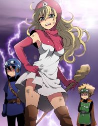Rule 34 | 1girl, 2boys, blonde hair, blue eyes, bruise, cape, chunsoft, dragon quest, dragon quest ii, dress, enix, gloves, goggles, harumi chihiro, injury, long hair, multiple boys, open mouth, prince of lorasia, prince of samantoria, princess of moonbrook, staff, thighhighs