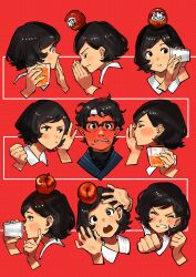 Rule 34 | 1boy, 1girl, apple, apple on head, black hair, blush, bukimi isan, closed eyes, commentary request, cropped shoulders, cup, daruma doll, drinking glass, food, fruit, full-face blush, glasses, highres, holding, holding cup, kurokami no otome, looking at another, multiple views, open mouth, profile, red background, senpai (yoru wa mijikashi arukeyo otome), short hair, star-shaped pupils, star (symbol), string phone, symbol-shaped pupils, whispering, whispering in ear, yoru wa mijikashi arukeyo otome