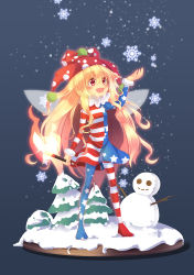 Rule 34 | 1girl, american flag dress, american flag legwear, blonde hair, blush, clownpiece, collar, dress, faux figurine, fire, frilled collar, frilled shirt collar, frills, full body, hat, highres, jester cap, long hair, looking up, neck ruff, open mouth, pantyhose, red eyes, short dress, simple background, smile, snow, snowflakes, snowing, snowman, solo, standing, striped clothes, striped dress, torch, touhou, touhou sangetsusei, tree, very long hair, z.o.b