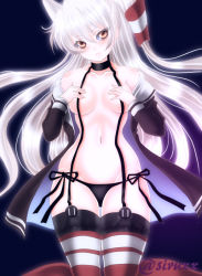 Rule 34 | 10s, 1girl, amatsukaze (kancolle), black background, black panties, black sclera, breasts, choker, colored sclera, covering privates, covering breasts, ena (hui jia), eyelashes, floating hair, garter straps, head tilt, hip focus, kantai collection, kneeling, long hair, looking at viewer, navel, open clothes, open shirt, panties, red thighhighs, shirt, side-tie panties, small breasts, thighhighs, twintails, twitter username, two side up, underwear, very long hair, white hair, wide hips, yellow eyes
