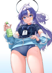 Rule 34 | 1girl, absurdres, black shirt, blue archive, blue buruma, blue jacket, bottle, buruma, from below, gym uniform, halo, hand on own hip, highres, holding, holding bottle, id card, jacket, lanyard, long hair, looking at viewer, multicolored clothes, multicolored jacket, off shoulder, official alternate costume, open clothes, open jacket, parted bangs, partially unzipped, ponytail, purple eyes, purple hair, sgholln, shirt, star (symbol), star sticker, sticker, sticker on face, sweat, track jacket, two-sided fabric, two-sided jacket, two-tone jacket, water bottle, wet, wet clothes, yuuka (blue archive), yuuka (track) (blue archive)