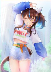 Rule 34 | 1girl, animal ears, arm up, bead necklace, beads, belt, blue hair, blue shirt, blurry, blurry background, blush, building, cowboy shot, crop top, crop top overhang, cutoffs, daitaku helios (umamusume), day, ear covers, grin, hair ornament, hairclip, highres, horse ears, horse girl, horse tail, jewelry, long hair, long sleeves, looking at viewer, midriff, multicolored hair, necklace, one eye closed, outdoors, peteron, shirt, short sleeves, shorts, side ponytail, skyscraper, sleeves past wrists, smile, solo, streaked hair, tail, teeth, torn clothes, torn shorts, two-tone hair, umamusume, w, white shirt