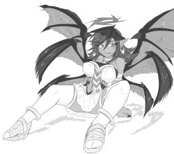 Rule 34 | 1girl, armlet, bare shoulders, bracelet, breasts, choker, covered erect nipples, darklord ixchel, demon girl, demon wings, dress, duel monster, earrings, fang, female focus, full body, gluteal fold, halo, head wings, jewelry, long hair, looking at viewer, monochrome, multicolored clothes, multicolored dress, multiple wings, navel, open mouth, pointy ears, purple eyes, purple hair, shoes, short dress, smile, solo, stomach, thighhighs, torn clothes, torn thighhighs, white background, white thighhighs, wings, yellow footwear, yu-gi-oh!, yu-gi-oh!jewelry