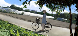 Rule 34 | 1girl, :d, basket, bicycle, blue dress, blue sky, brown eyes, brown hair, building, cargo pants, cloud, day, dirt, dress, from side, hat, highres, looking at viewer, looking to the side, morifumi, open mouth, original, outdoors, pants, plant, road, sandals, scenery, shadow, short hair, sky, smile, solo, standing, sun hat, sunlight, tree