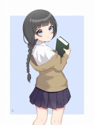 Rule 34 | 1girl, :o, black hair, blue background, blue eyes, blue skirt, blush, book, braid, brown cardigan, cardigan, commentary, dated, dot nose, hand up, highres, holding, holding book, idolmaster, idolmaster cinderella girls, inusoku, legs, long hair, long sleeves, looking at viewer, looking back, pleated skirt, shirt, skirt, solo, ujiie mutsumi, white shirt