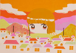 Rule 34 | 1girl, building, giant, giantess, hands up, house, limited palette, long hair, no mouth, no nose, orange hair, original, outdoors, sky, solo, surreal, yana mmm