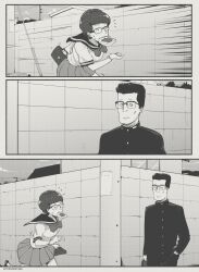 Rule 34 | 1boy, 1girl, around corner, bag, bread slice, breasts, comic, food, food in mouth, gakuran, glasses, greyscale, hand in pocket, hank hill, highres, holding, holding bag, imminent collision, junichirou hill, king of the hill, late for school, medium breasts, miniskirt, monochrome, mouth hold, outdoors, parody, peggy hill, running, school uniform, serafuku, skirt, toast, toast in mouth, tyrone