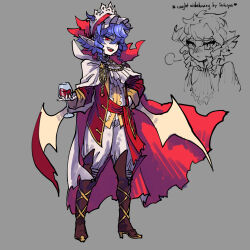 Rule 34 | 1girl, alternate costume, bat wings, blue hair, boots, cloak, crown, cup, drinking glass, full body, grey background, highres, holding, holding cup, jacket, kaibootsu, looking at viewer, open clothes, open jacket, open mouth, pointy ears, puffy pants, red eyes, red wine, remilia scarlet, solo, teeth, touhou, upper teeth only, vampire, wine glass, wings