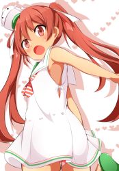Rule 34 | 10s, 1girl, :o, acchii (akina), bare shoulders, blush, brown eyes, brown hair, dark-skinned female, dark skin, dress, from behind, hair ribbon, headgear, heart, heart background, kantai collection, libeccio (kancolle), looking at viewer, panties, pantyshot, ribbon, sailor collar, sailor dress, simple background, solo, standing, striped clothes, striped panties, tan, twintails, underwear, white dress