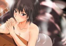 Rule 34 | 1girl, amagami, ass, black hair, blush, bob cut, breasts, brown eyes, cleavage, completely nude, from above, light smile, messy hair, murasaki iro, nanasaki ai, nude, onsen, short hair, solo, sweat, tan, tanline