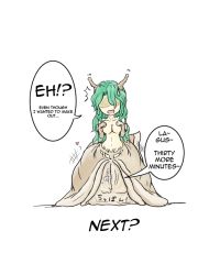 Rule 34 | 1girl, blush, breasts, cleavage, female focus, full body, green hair, hard-translated, heart, kaname (artist), large breasts, medium breasts, monster girl, open mouth, shaded face, simple background, slime, slug, slug girl, speech bubble, surprised, sweatdrop, third-party edit, translated, unbirthing, white background