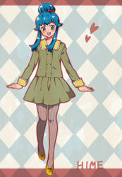 Rule 34 | 10s, 1girl, alternate hairstyle, blue eyes, blue hair, blush, character name, coat, english text, eyelashes, fashion, hair bun, hair ornament, hair ribbon, half updo, happinesscharge precure!, happy, kagami chihiro, long hair, looking at viewer, matching hair/eyes, open mouth, pantyhose, precure, ribbon, shirayuki hime, shoes, single hair bun, smile, solo, standing, striped clothes, striped pantyhose
