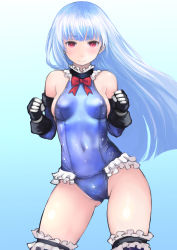 Rule 34 | 1girl, blue background, blue hair, blue leotard, blue one-piece swimsuit, breasts, cameltoe, clenched hands, covered navel, frilled thighhighs, frills, gluteal fold, groin, highres, johan (johan13), kula diamond, leotard, long hair, looking at viewer, marie rose, medium breasts, one-piece swimsuit, red eyes, revision, sideboob, simple background, solo, swimsuit, the king of fighters, thighhighs, thighs
