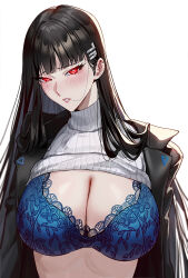 Rule 34 | 1girl, black hair, black jacket, blue archive, blue bra, blush, bra, breasts, celyn404, cleavage, clothes lift, floral print, highres, jacket, lace, lace-trimmed bra, lace trim, large breasts, long hair, looking at viewer, open clothes, open jacket, parted lips, print bra, red eyes, revision, rio (blue archive), simple background, solo, sweater, sweater lift, turtleneck, turtleneck sweater, underwear, upper body, very long hair, white background, white sweater