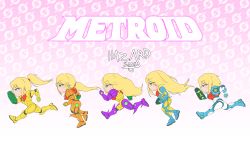 Rule 34 | arm cannon, armor, blonde hair, blue eyes, chibi, closed mouth, expressionless, from side, gravity suit (metroid), hair down, half-closed eyes, hazard sys, highres, long hair, metroid, metroid (classic), metroid dread, metroid fusion, metroid prime, mole, mole under mouth, nintendo, ponytail, power armor, running, samus aran, sequential, short hair, v arms, weapon
