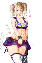 Rule 34 | 1boy, 1girl, belt, blonde hair, blue eyes, blush, breasts, brown hair, chainsaw, cheerleader, cleavage, clothes lift, clothes writing, couple, crop top, grasshopper manufacture, heart, juliet starling, large breasts, lollipop chainsaw, midriff, miniskirt, navel, necktie, nick carlyle, nix (ak-style), panties, pink panties, scrunchie, severed head, short twintails, skirt, skirt lift, smile, solo, thighhighs, translation request, twintails, underwear, upskirt, watch, weapon, white thighhighs, wristband, wristwatch