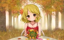 Rule 34 | 1girl, aki shizuha, alternate costume, autumn, blonde hair, bouquet, clover, dress, earrings, female focus, flower, forest, four-leaf clover, hair ornament, jewelry, leaf, leaf hair ornament, looking at viewer, maple leaf, nature, short hair, sitting, smile, solo, table, tona (nekotte), touhou, tree, wallpaper, yellow eyes