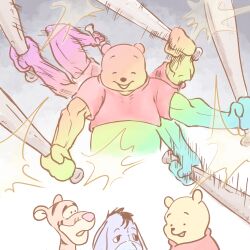 Rule 34 | absurdres, alternate muscle size, baseball bat, bocchi the rock!, eeyore, extra arms, false smile, highres, holding, holding baseball bat, imasogari, multiple weapons, multiple wielding, no humans, pooh, red shirt, scene reference, shirt, short sleeves, smile, tigger, winnie the pooh