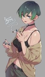 Rule 34 | 1girl, agawa ryou, artist name, black tank top, choker, cigarette, commentary, cowboy shot, dated, english commentary, green hair, grey background, grey eyes, holding, holding cigarette, holding lighter, lighter, nail polish, navel, open mouth, original, pants, short hair, simple background, solo, tank top