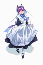 Rule 34 | 1girl, alternate costume, apron, black dress, black footwear, blue bow, bob cut, bonnet, bow, dress, enmaided, eyeliner, fate/grand order, fate (series), full body, highres, horns, long sleeves, looking at viewer, maid, maid apron, makeup, olys, oni, open mouth, purple eyes, purple hair, shoes, short hair, shuten douji (fate), simple background, skin-covered horns, skirt hold, standing, white apron, white background, white headwear, white legwear