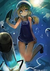 Rule 34 | 1girl, absurdres, blonde hair, blue eyes, female focus, glasses, hat, highres, i-8 (kancolle), kaamin (mariarose753), kantai collection, low twintails, one-piece swimsuit, solo, swimsuit, twintails, underwater