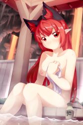 Rule 34 | 1girl, animal ears, blush, bottle, breasts, cat ears, cat tail, collarbone, extra ears, female focus, hair down, highres, kaenbyou rin, large breasts, long hair, looking at viewer, naked towel, nipples, nude, onsen, pointy ears, psychopath idiot, red eyes, red hair, sake bottle, sitting, soaking feet, solo, tail, touhou, towel, tray, very long hair