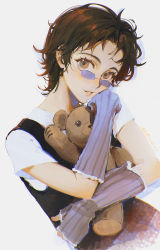 Rule 34 | 1girl, alzi xiaomi, animification, black vest, blue gloves, brown eyes, brown hair, elbow gloves, faye wong, glasses, gloves, head tilt, highres, holding, holding stuffed toy, looking at viewer, photo-referenced, real life, shirt, solo, stuffed animal, stuffed toy, teddy bear, upper body, vest, white background, white shirt