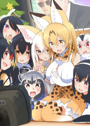 Rule 34 | 10s, 6+girls, :d, :o, alternate breast size, alternate hair length, alternate hairstyle, animal ear fluff, animal ears, antenna hair, bare shoulders, bespectacled, black-framed eyewear, black gloves, black hair, blonde hair, blush, bow, bowtie, breasts, brown eyes, cleavage cutout, clothing cutout, collared shirt, common raccoon (kemono friends), crt, elbow gloves, emperor penguin (kemono friends), fang, fennec (kemono friends), fox ears, gentoo penguin (kemono friends), glasses, gloves, grape-kun, grey hair, hair between eyes, hairband, hayashi (l8poushou), high-waist skirt, highres, humboldt penguin (kemono friends), kemono friends, large breasts, lips, long hair, multicolored hair, multiple girls, aged up, open mouth, orange eyes, orange hair, orange neckwear, orange skirt, own hands together, penguins performance project (kemono friends), pink lips, pink sweater, pleated skirt, purple eyes, raccoon ears, red eyes, rockhopper penguin (kemono friends), round teeth, royal penguin (kemono friends), seiza, semi-rimless eyewear, serval (kemono friends), serval print, shirt, short hair, sitting, skirt, sleeveless, sleeveless shirt, smile, streaked hair, sweater, teeth, television, thighhighs, under-rim eyewear, white gloves, white hair, wing collar
