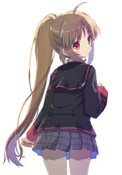 Rule 34 | 1girl, ahoge, akayama yukihe, black jacket, blush, brown hair, clenched hand, closed mouth, commentary, cowboy shot, expressionless, from behind, grey background, grey skirt, hair between eyes, hand up, highres, jacket, little busters!, long hair, long sleeves, looking at viewer, looking back, miniskirt, natsume rin, plaid, plaid skirt, pleated skirt, ponytail, red eyes, school uniform, sidelocks, simple background, skirt, solo, standing, very long hair