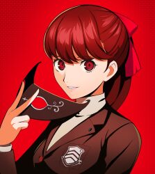Rule 34 | 1girl, absurdres, black jacket, bow, grey sweater, grin, hair bow, highres, hisato nago, holding, holding mask, jacket, long hair, long sleeves, looking at viewer, mask, persona, persona 5, persona 5 the royal, ponytail, portrait, red background, red bow, red eyes, red hair, school uniform, shuujin academy school uniform, smile, solo, sweater, yoshizawa kasumi