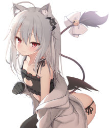 Rule 34 | 1girl, ahoge, animal ears, bare shoulders, bell, black bra, black gloves, black panties, black thighhighs, bow, bra, cat cutout, cat ears, cat lingerie, cleavage cutout, closed mouth, clothing cutout, drawstring, flat chest, frilled bra, frills, frown, gloves, grey hair, grey jacket, hair ornament, jacket, jingle bell, kamu (geeenius), long hair, looking at viewer, low wings, meme attire, mini wings, off shoulder, open clothes, open jacket, original, panties, red eyes, side-tie panties, simple background, slit pupils, solo, string panties, tail, tail bow, tail ornament, tail raised, thighhighs, underwear, white background, wings