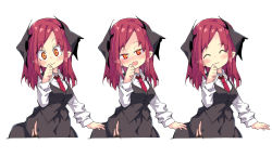 Rule 34 | 1girl, ^ ^, bat wings, black skirt, black thighhighs, black vest, blush, breasts, bright pupils, closed eyes, collared shirt, commentary request, cowboy shot, cropped legs, ears visible through hair, fang, garter straps, half-closed eyes, hand up, head tilt, head wings, koakuma, long hair, long sleeves, looking at viewer, medium breasts, multiple views, necktie, noya makoto, open mouth, pointy ears, red eyes, red hair, red neckwear, shirt, side slit, simple background, skin fang, skirt, smile, thighhighs, touhou, vest, white background, white shirt, wings