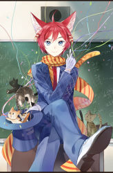 Rule 34 | 1boy, animal ears, argyle, argyle clothes, argyle jacket, blue eyes, blue hat, cat, cat boy, cat ears, cat tail, chalkboard, formal, gloves, hair between eyes, hat, long sleeves, looking at viewer, male focus, necktie, official art, red hair, saibai shounen, scarf, second-party source, short hair, sitting, solo, striped clothes, striped scarf, suit, tail, tails (saibai shounen), top hat, unworn hat, unworn headwear