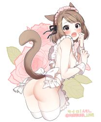 Rule 34 | 1girl, animal ears, apron, ass, warrior of light (ff14), back bow, black eyes, blush, bob cut, bow, breasts, brown hair, cat ears, cat tail, commission, cropped legs, embarrassed, eyelashes, facial mark, fang, final fantasy, final fantasy xiv, floral background, frilled apron, frilled hairband, frills, from behind, hair ribbon, hairband, highres, iso1206, leaning forward, looking at viewer, looking back, miqo&#039;te, mole, mole under eye, naked apron, open mouth, outline, ribbon, sideboob, solo, surprised, swept bangs, tail, thighhighs, white apron, white background, white bow, white outline, white thighhighs, wrist cuffs
