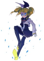Rule 34 | 1girl, arms at sides, black thighhighs, blonde hair, blue eyes, cropped jacket, dress, expressionless, frilled sleeves, frills, full body, hair ornament, hairclip, headphones, headphones around neck, high heels, jacket, kagamine rin, looking down, lowres, malan, multicolored clothes, multicolored jacket, pleated dress, project diva (series), reactor (module), roshin yuukai (vocaloid), shoe soles, simple background, solo, striped clothes, striped thighhighs, swept bangs, tagme, thighhighs, twintails, two-tone bow, two-tone dress, two-tone jacket, vertical-striped clothes, vertical-striped thighhighs, vocaloid, white background, yellow trim, zettai ryouiki