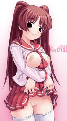 Rule 34 | 00s, 1girl, bandaid, bandaid on pussy, bandaids on nipples, breasts, brown eyes, clothes lift, duplicate, female focus, gradient background, kei jiei, kousaka tamaki, large breasts, lifted by self, long hair, looking at viewer, miniskirt, no bra, no panties, open clothes, open shirt, pasties, pleated skirt, red hair, school uniform, serafuku, shirt, skirt, skirt lift, solo, thighhighs, to heart, to heart (series), to heart 2, twintails, white thighhighs, zettai ryouiki