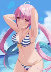 Rule 34 | 1girl, ahoge, armpits, arms behind head, arms up, bikini, blue hair, blue sky, blunt bangs, blush, breasts, breasts apart, closed mouth, cloud, collarbone, commentary, cowboy shot, curly hair, curvy, front-tie bikini top, front-tie top, groin, hair between eyes, happy, head tilt, highres, hololive, kamachi (kamati0maru), large breasts, lens flare, looking at viewer, midriff, minato aqua, minato aqua (hololive summer 2019), multicolored hair, navel, ocean, outdoors, pink eyes, pink hair, ribbon, sidelighting, sidelocks, sky, smile, solo, standing, stomach, streaked hair, striped bikini, striped clothes, swimsuit, twintails, virtual youtuber, yellow ribbon