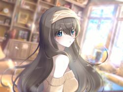 Rule 34 | 1girl, :o, alternate hairstyle, argyle clothes, argyle hairband, blurry, blurry background, blush, breasts, brown hair, depth of field, hair between eyes, highres, idolmaster, idolmaster cinderella girls, indoors, long hair, looking at viewer, looking back, medium breasts, nemo art, off-shoulder sweater, off shoulder, sagisawa fumika, sideways glance, solo, straight hair, sunlight, sweater, upper body, very long hair
