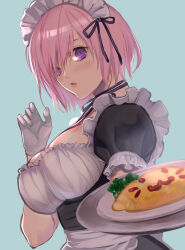 Rule 34 | 1girl, absurdres, breasts, cleavage, closed mouth, fate/grand order, fate (series), glasses, gloves, hair over one eye, highres, holding, holding tray, large breasts, looking at viewer, maid, maid headdress, mash kyrielight, open mouth, pink hair, purple eyes, ri-ko, short hair, skirt, solo, tray