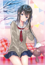 Rule 34 | 1girl, :o, animal print, bare tree, bed, between legs, black hair, blue ribbon, blue skirt, blush, cardigan, commentary request, fingernails, five star stories, frilled pillow, frills, grey sailor collar, hair between eyes, hair ribbon, hand between legs, hand up, hanekoto, head tilt, heart, heart-shaped pillow, index finger raised, indoors, long hair, long sleeves, looking at viewer, on bed, original, parted lips, pillow, plaid pillow, pleated skirt, purple eyes, rabbit print, ribbon, sailor collar, school uniform, serafuku, shirt, sitting, skirt, sleeves past wrists, snow, snow rabbit, snowflake print, snowing, solo, stuffed animal, stuffed rabbit, stuffed toy, thighs, tree, twintails, twitter username, very long hair, white shirt, window