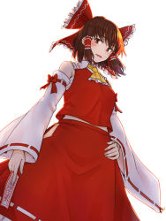 Rule 34 | 1girl, ascot, between breasts, between fingers, bow, breasts, brown hair, cowboy shot, detached sleeves, frilled ascot, frilled bow, frilled hair tubes, frills, from below, hair bow, hair tubes, hakurei reimu, hand on own hip, highres, holding, kakone, looking at viewer, medium breasts, medium hair, nontraditional miko, ofuda, open mouth, red bow, red eyes, red ribbon, red shirt, red skirt, ribbon, ribbon-trimmed skirt, ribbon-trimmed sleeves, ribbon trim, shirt, simple background, skirt, skirt set, smile, solo, standing, touhou, white background, white ribbon, wide sleeves, yellow ascot