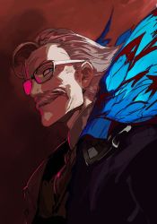 Rule 34 | 1boy, blue eyes, bug, butterfly, facial hair, fate/grand order, fate (series), formal, from side, glasses, gradient clothes, grey hair, insect, james moriarty (archer) (fate), light, long sleeves, looking at viewer, male focus, mustache, pako (pakosun), shadow, simple background, sketch, smile, solo, upper body, vest, white hair