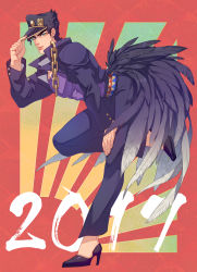 Rule 34 | 1boy, 2017, absurdres, adjusting clothes, adjusting headwear, against wall, black hair, chain, chinese zodiac, coat, gakuran, hat, high heels, highres, jojo no kimyou na bouken, kuujou joutarou, less end, long coat, male focus, monster boy, muscular, muscular male, purple coat, rooster tail, school uniform, solo, standing, standing on one leg, stardust crusaders, year of the rooster