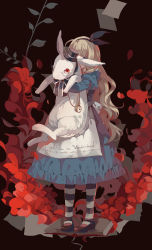 Rule 34 | 1girl, alice (alice in wonderland), alice in wonderland, animalization, apron, are you alice?, blonde hair, blue dress, book, dhiea, dress, flower, glasses, hair ribbon, hat, juliet sleeves, long hair, long sleeves, marianne (are you alice?), pantyhose, pince-nez, pocket watch, puffy sleeves, rabbit, ribbon, striped clothes, striped pantyhose, top hat, very long hair, waist apron, watch, white rabbit (alice in wonderland)