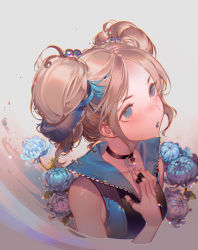 Rule 34 | 1girl, bare shoulders, black choker, blonde hair, blue eyes, blue flower, blue hair, blue lips, blue shirt, blush, breasts, choker, collarbone, commentary request, cropped torso, flower, grey background, hair bobbles, hair ornament, hand on own chest, kawacy, lipstick, looking up, makeup, parted lips, powerpuff girls z, purple flower, rolling bubbles, shirt, short hair, sidelocks, simple background, sleeveless, sleeveless shirt, small breasts, solo, twintails, upper body