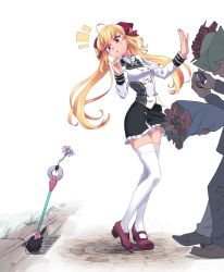 Rule 34 | 1girl, 3boys, ahoge, black skirt, blonde hair, bouquet, breasts, brown footwear, flower, grate, hakkaku shikimi, highres, holding, holding bouquet, holding flower, long hair, multiple boys, nijisanji, out of frame, outdoors, purple eyes, purple footwear, sewer grate, skirt, standing, takamiya rion, takamiya rion (1st costume), thighhighs, twintails, very long hair, virtual youtuber, white background, white thighhighs