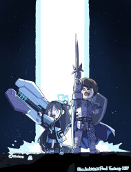 Rule 34 | 1boy, 1girl, absurdres, adventurer (ff14), aris (blue archive), armor, black hair, blue archive, brown hair, chibi, commentary, crossover, english commentary, facial hair, final fantasy, final fantasy xiv, full body, gun, halo, height difference, highres, holding, holding gun, holding shield, holding sword, holding weapon, instagram username, legs apart, light pillar, looking at another, looking at viewer, outstretched hand, plate armor, railgun, shield, standing, sword, tumblr username, twitter username, warrior of light (ff14), weapon, whitydragon