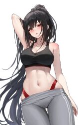 Rule 34 | 1girl, ame 816, arm at side, arm behind head, arm up, bare shoulders, black hair, black sports bra, blush, breasts, cleavage, commentary, commission, cowboy shot, crop top, expressionless, grey pants, hand in own hair, highleg, highleg panties, highres, large breasts, long hair, looking at viewer, midriff, navel, navel piercing, original, panties, pants, panty straps, parted lips, piercing, red eyes, red panties, revision, simple background, solo, sports bra, stomach, symbol-only commentary, track pants, underwear, very long hair, white background