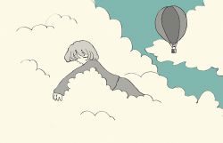 Rule 34 | 1girl, aircraft, blue sky, closed eyes, cloud, grey shirt, hot air balloon, limited palette, long sleeves, original, sakura szm, shirt, short hair, sky, sleeping, solo